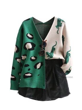 Leopard Tiger Print V-Neck Long Sleeve Color Block Button Down Cardigan